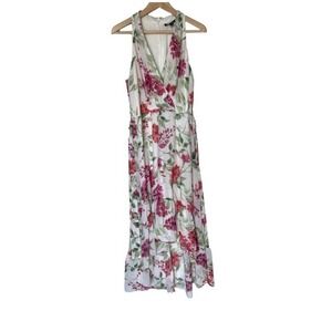 Roz & Ali Floral Maxi Dress Womens 16 White Pink Halter Surplice High-Low Ruffle